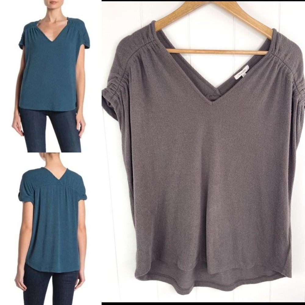 NWOT Pleione Womens V-Neck Short Sleeves‎ Shirred Terry Cloth Textured Top M